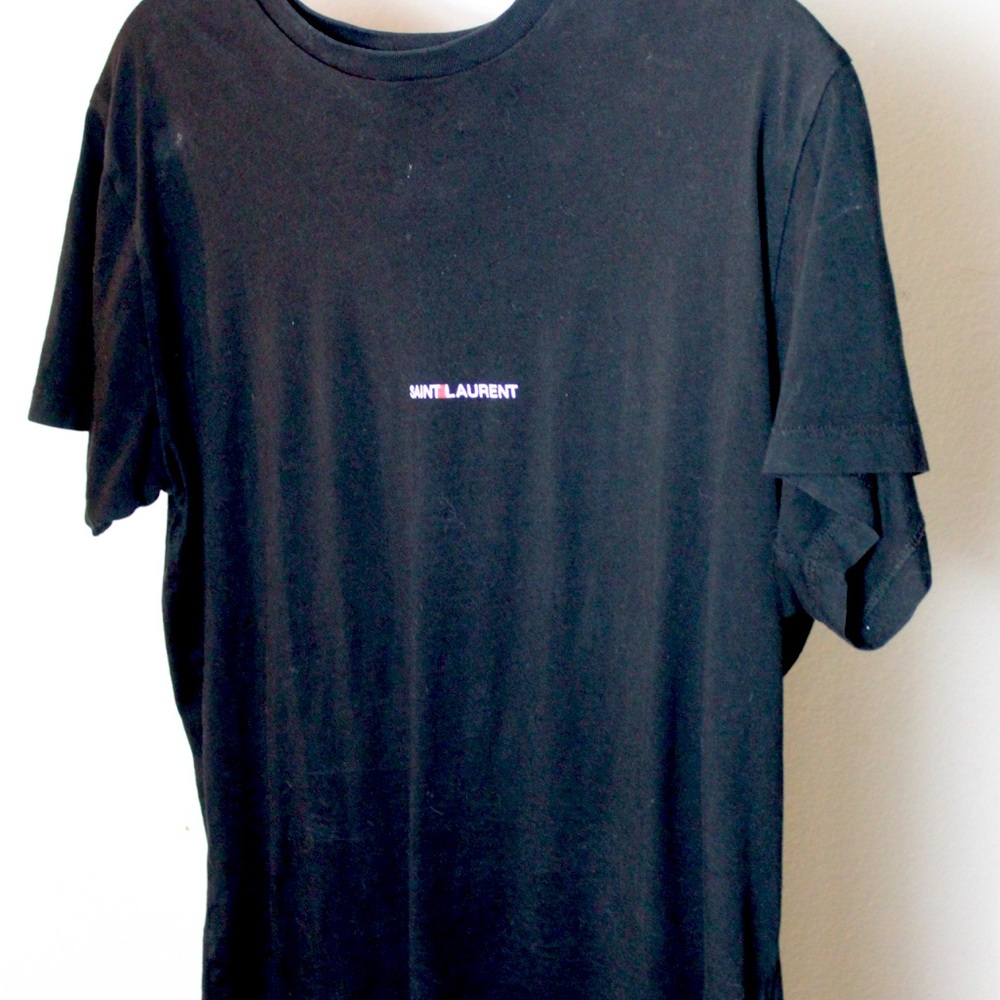 SAINT LAURENT 2017 black cotton box white logo boxy half sleeve tshirt S